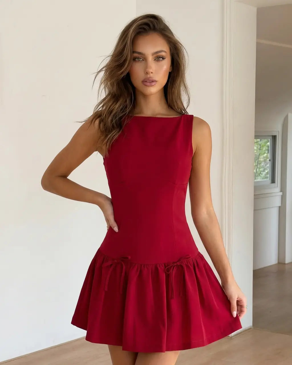 SOLACE  Red Bow Detail Structured Fabric Slim Fit Mini Dress 