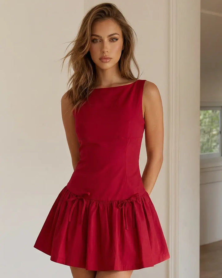 SOLACE  Red Bow Detail Structured Fabric Slim Fit Mini Dress 