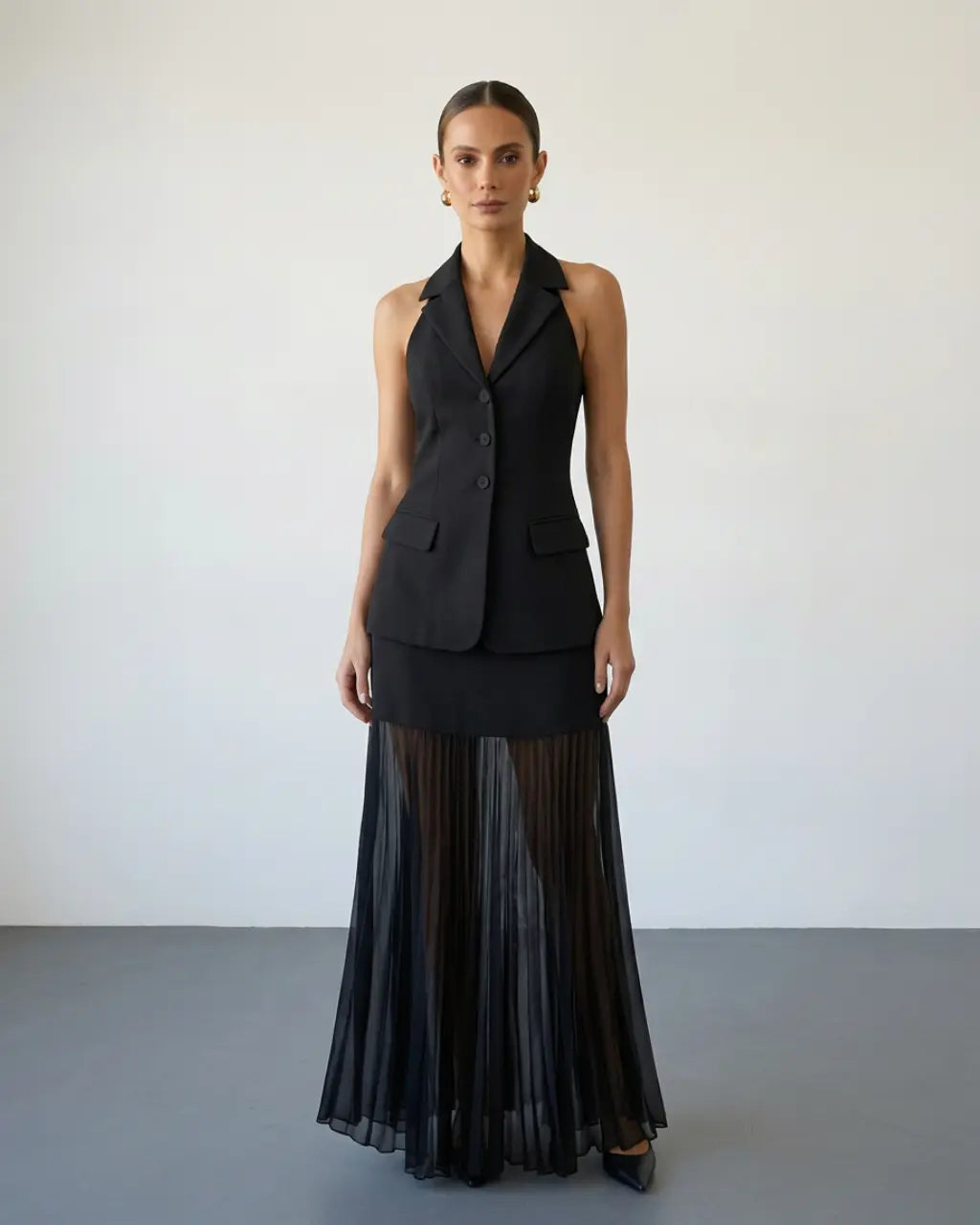 SOLACE  Black Formal Halter Blazer Vest Sheer Pleated Maxi Skirt Set 
