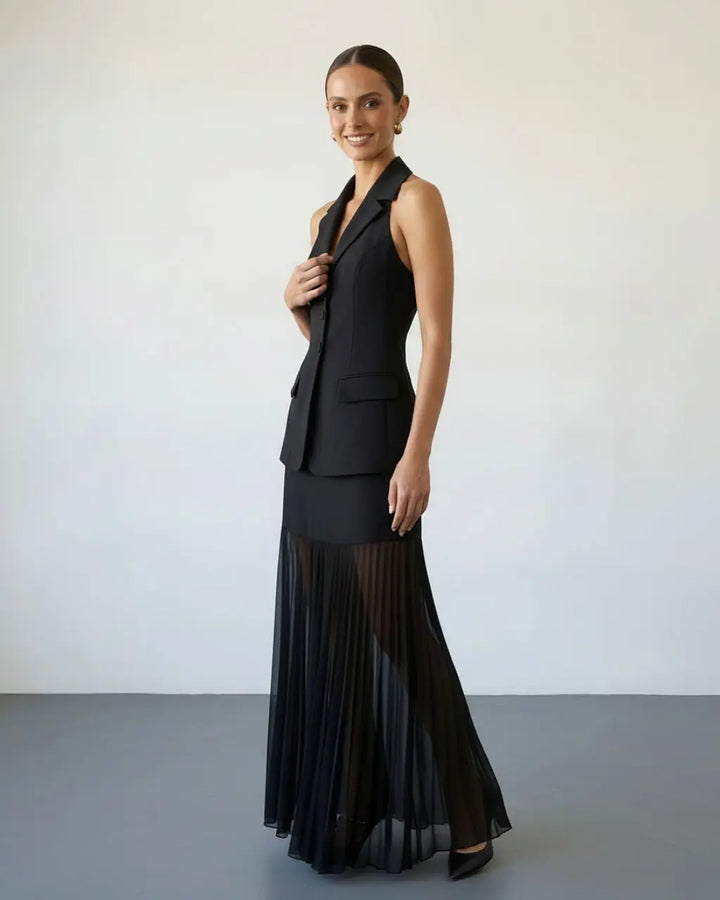 SOLACE  Black Formal Halter Blazer Vest Sheer Pleated Maxi Skirt Set 