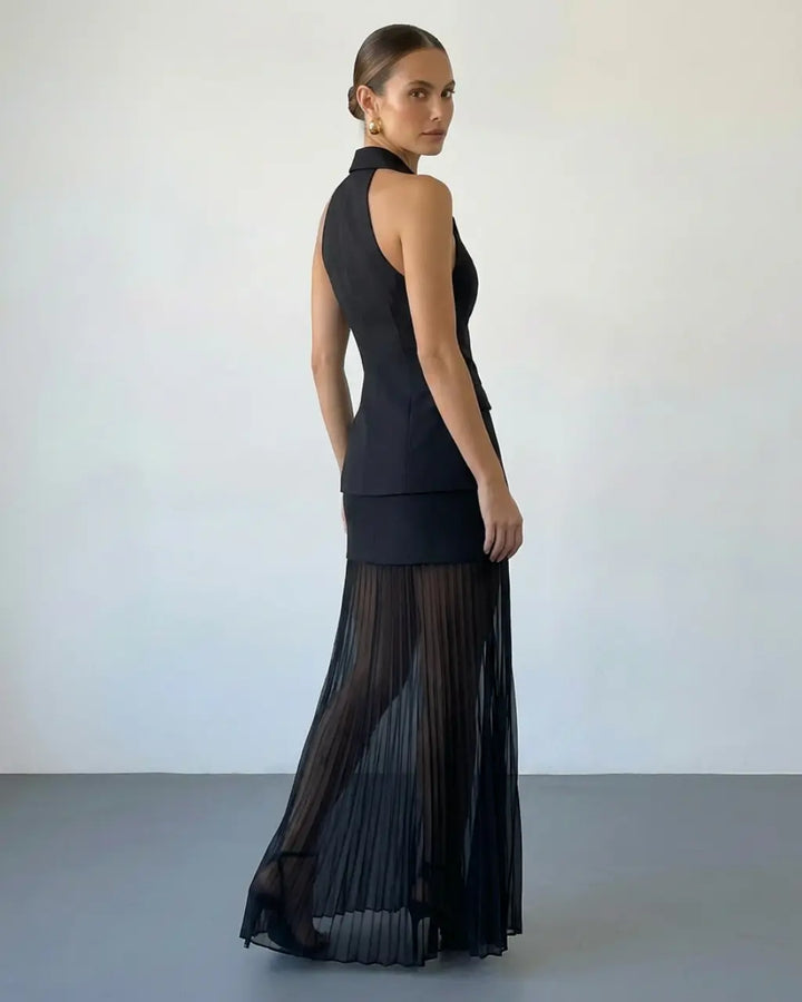 SOLACE  Black Formal Halter Blazer Vest Sheer Pleated Maxi Skirt Set 