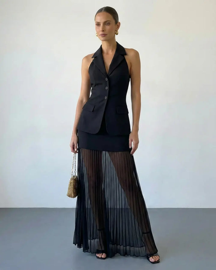 SOLACE  Black Formal Halter Blazer Vest Sheer Pleated Maxi Skirt Set 