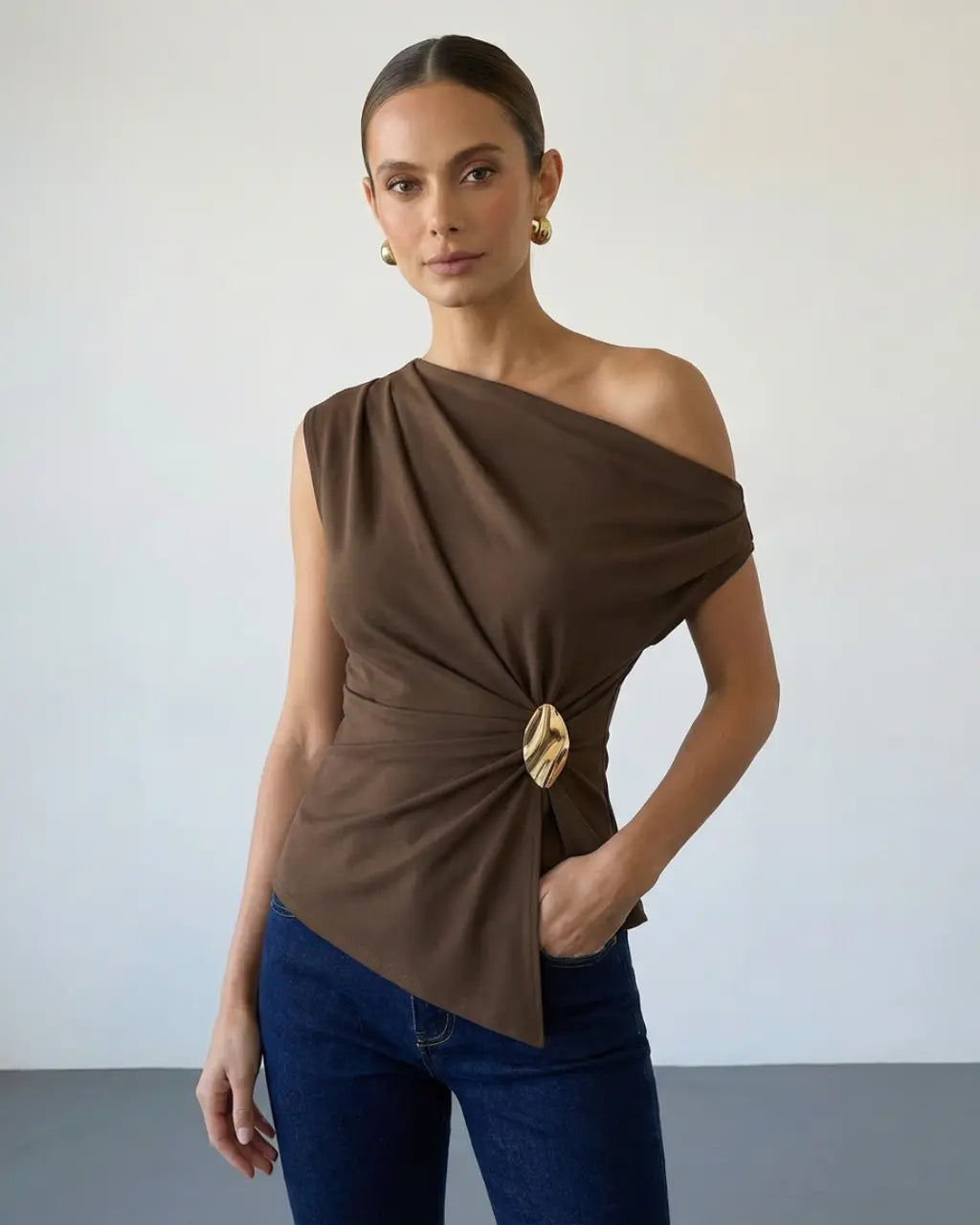 SOLACE  Brown Gold Brooch Draped One Shoulder Slim Fit Sleeveless Top 