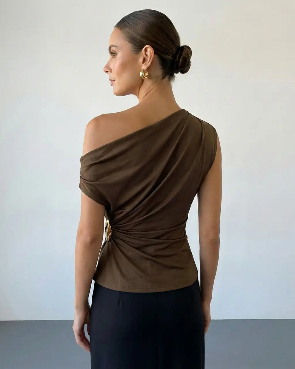 SOLACE  Brown Gold Brooch Draped One Shoulder Slim Fit Sleeveless Top 