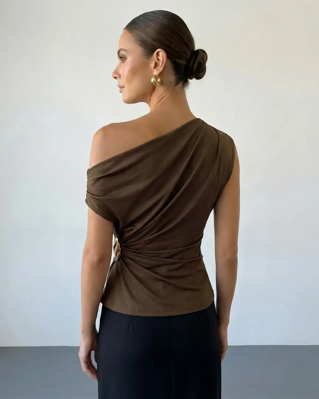 SOLACE  Brown Gold Brooch Draped One Shoulder Slim Fit Sleeveless Top 
