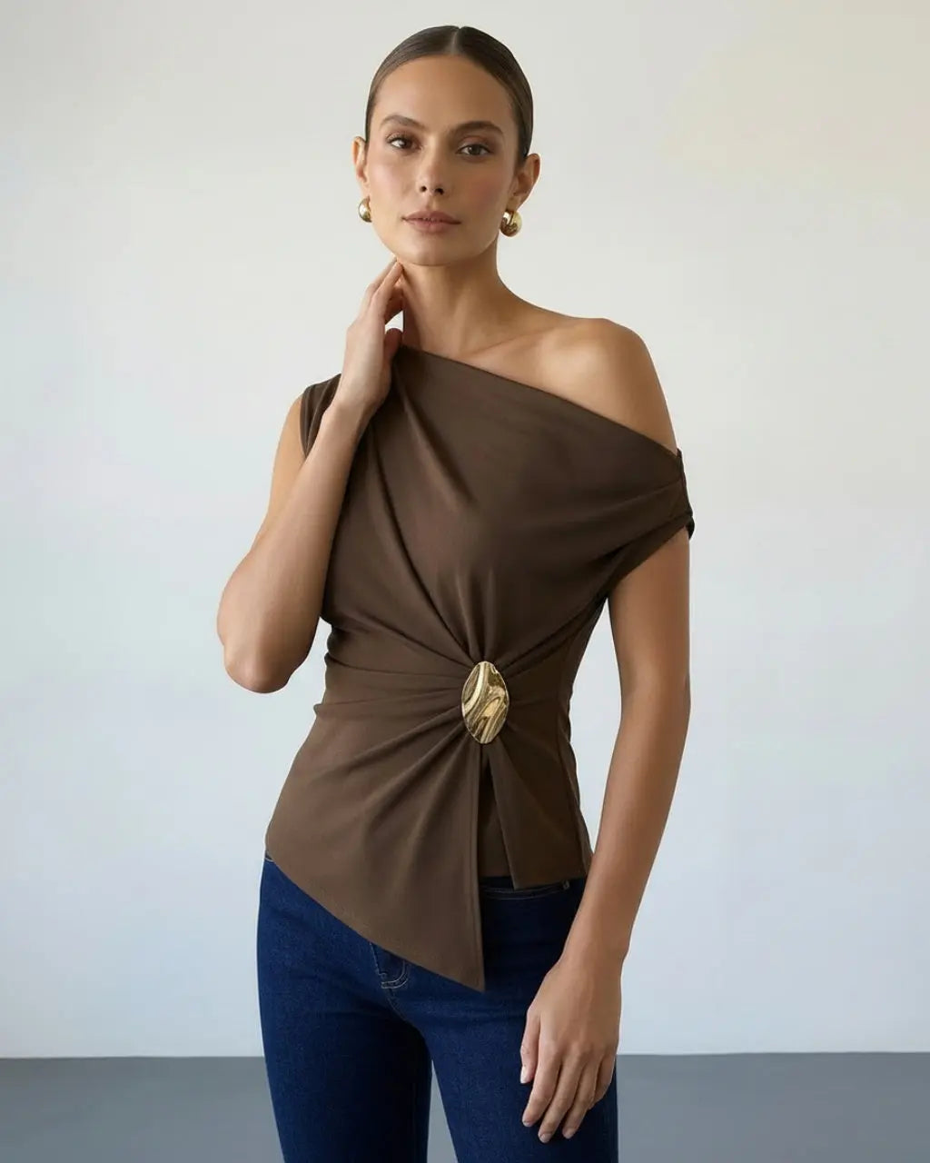 SOLACE  Brown Gold Brooch Draped One Shoulder Slim Fit Sleeveless Top 