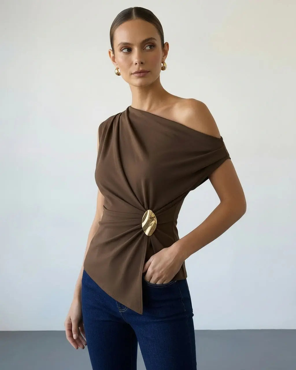SOLACE  Brown Gold Brooch Draped One Shoulder Slim Fit Sleeveless Top 