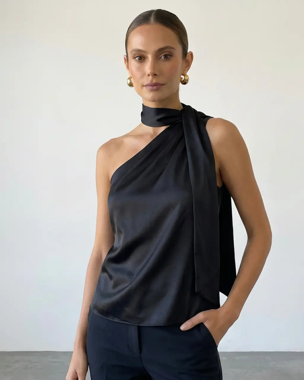 SOLACE  Black Elegant One Shoulder Satin Tie Neck Draped Top 