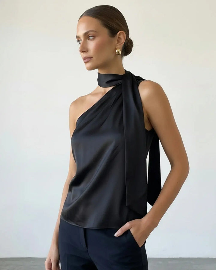 SOLACE  Black Elegant One Shoulder Satin Tie Neck Draped Top 