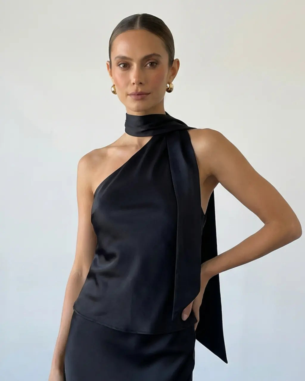SOLACE  Black Elegant One Shoulder Satin Tie Neck Draped Top 