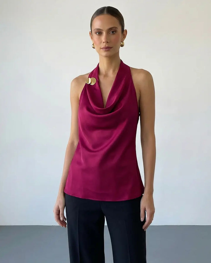 SOLACE  Satin Halter Cowl Neck Open Back Blouse 