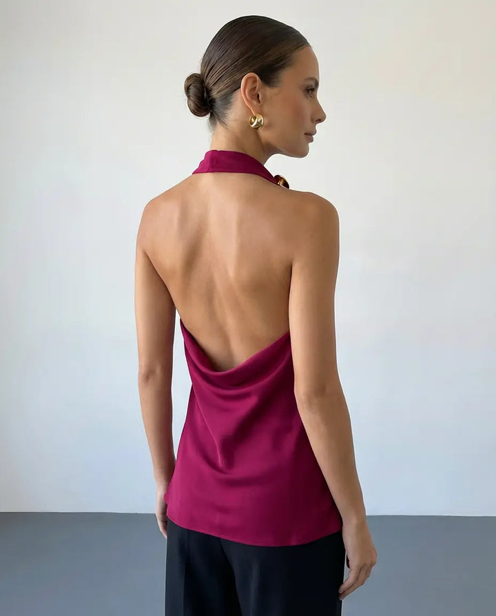 SOLACE  Satin Halter Cowl Neck Open Back Blouse 