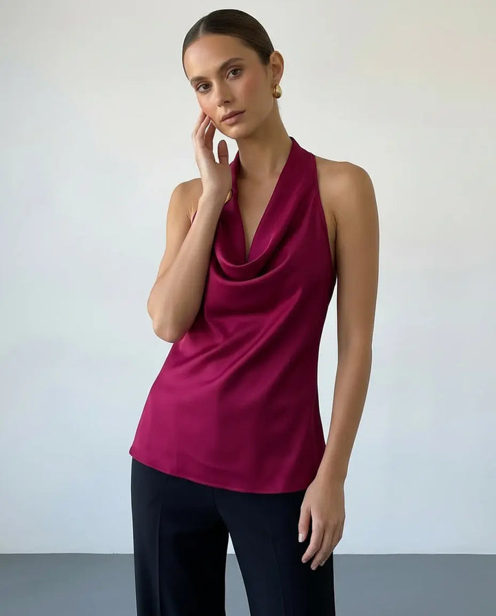 SOLACE  Satin Halter Cowl Neck Open Back Blouse 