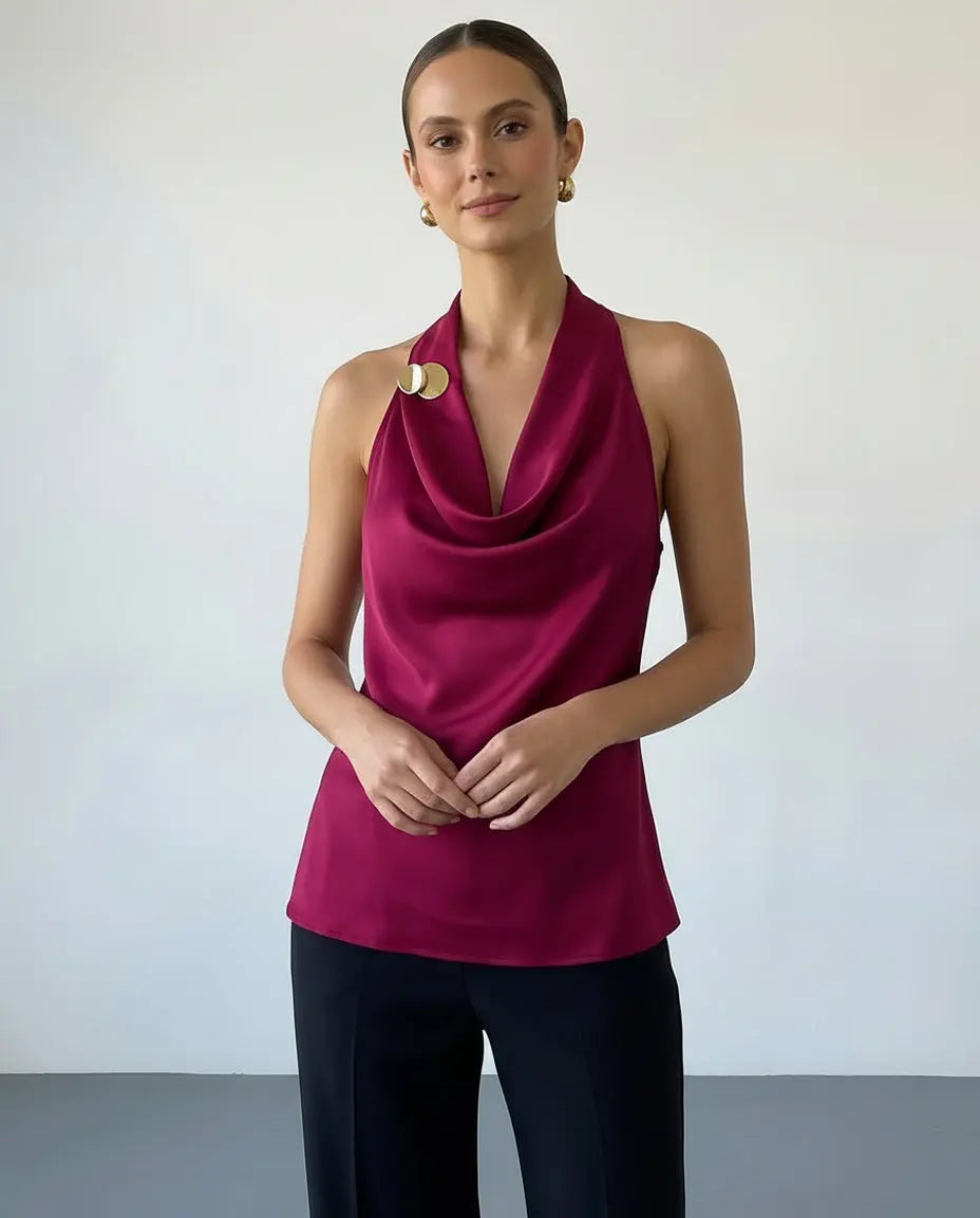 SOLACE  Satin Halter Cowl Neck Open Back Blouse 