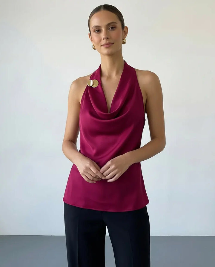 SOLACE  Satin Halter Cowl Neck Open Back Blouse 