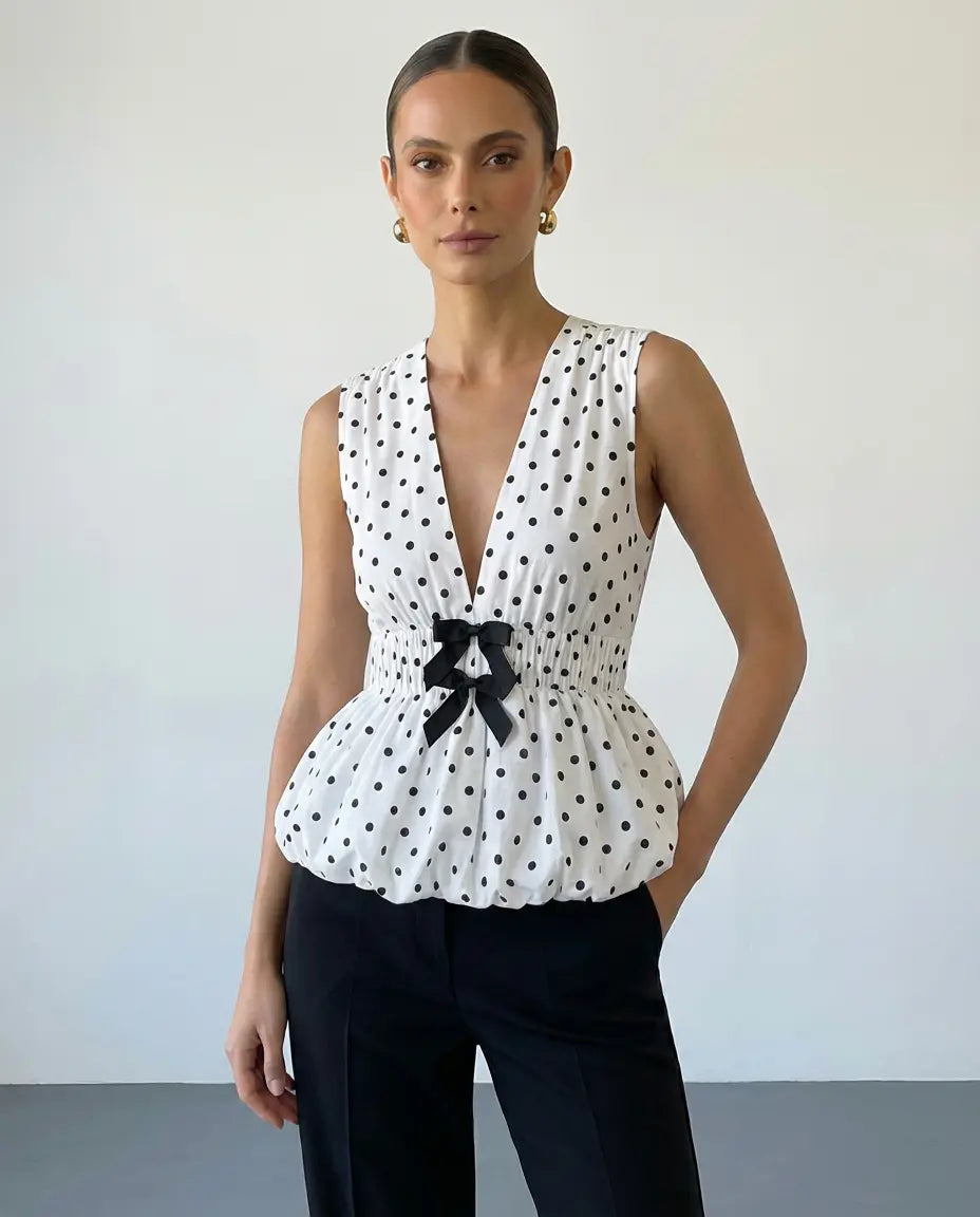 SOLACE  Polka Dot V-Neck Sleeveless Peplum Black Bow Top 