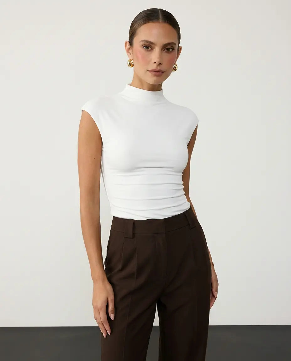 SOLACE  White Mock Neck Cap Sleeve Top 