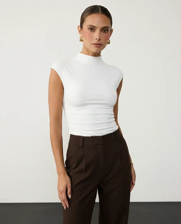 SOLACE  White Mock Neck Cap Sleeve Top 