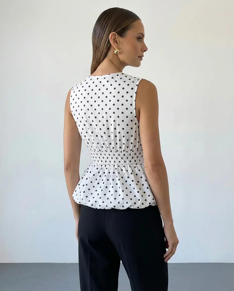 SOLACE  Polka Dot V-Neck Sleeveless Peplum Black Bow Top 