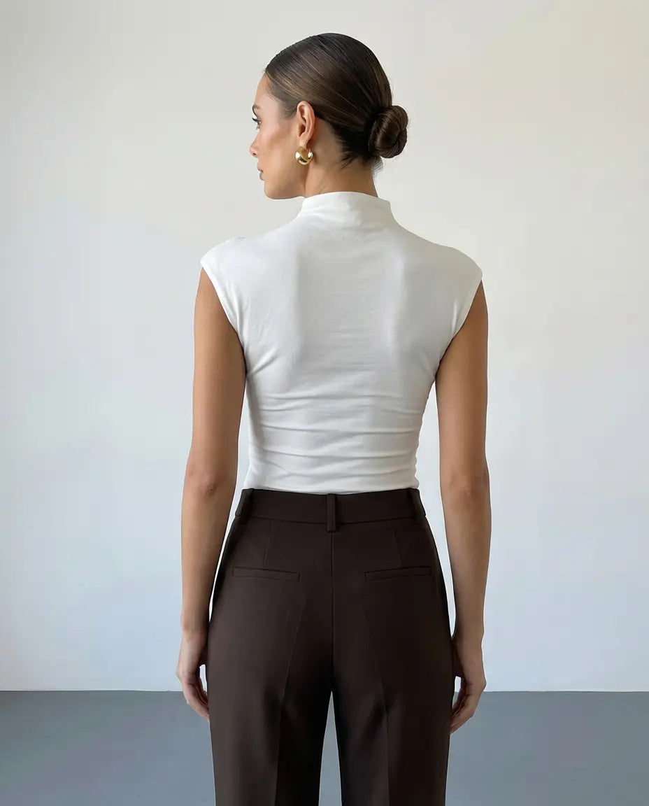 SOLACE  White Mock Neck Cap Sleeve Top 