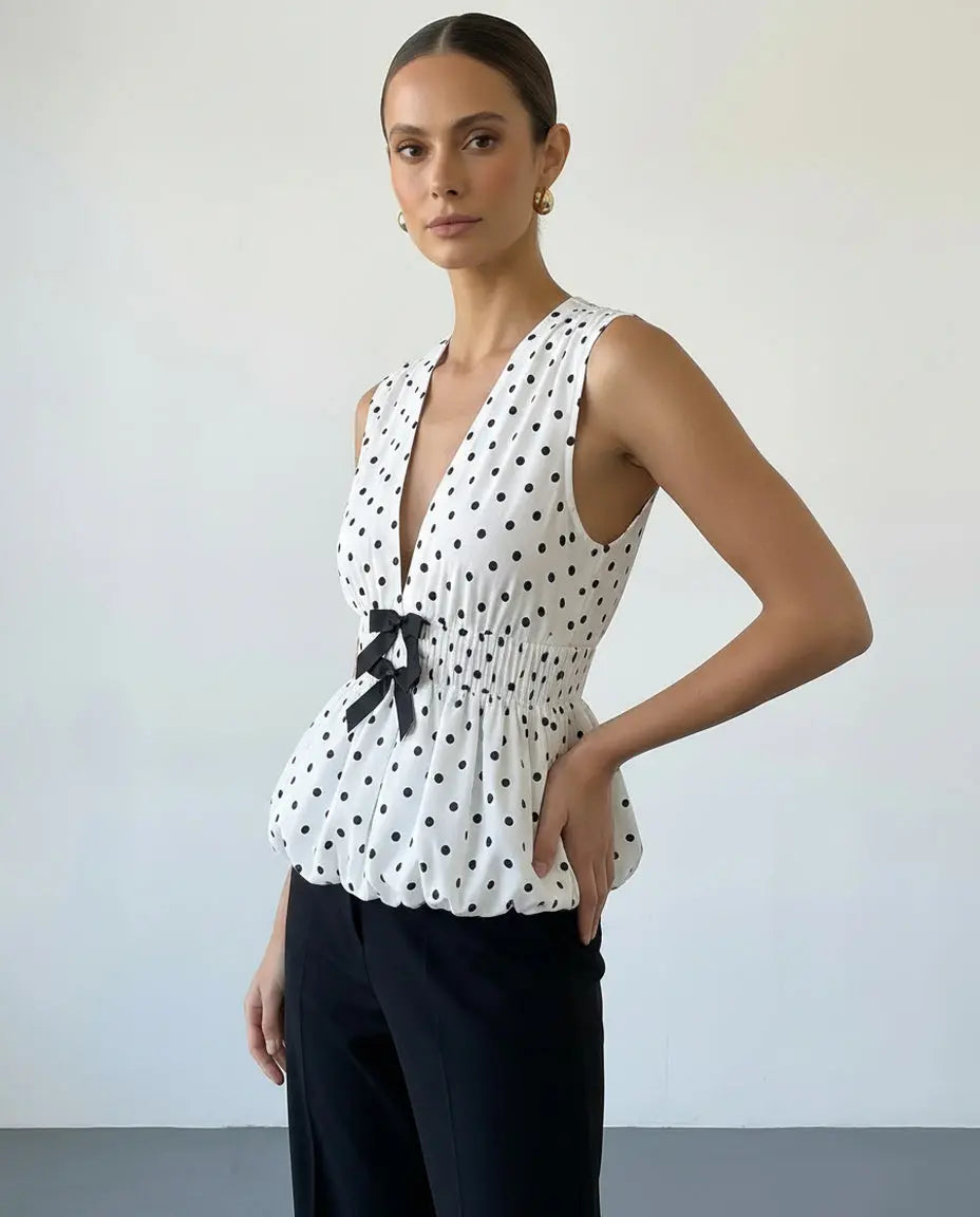 SOLACE  Polka Dot V-Neck Sleeveless Peplum Black Bow Top 