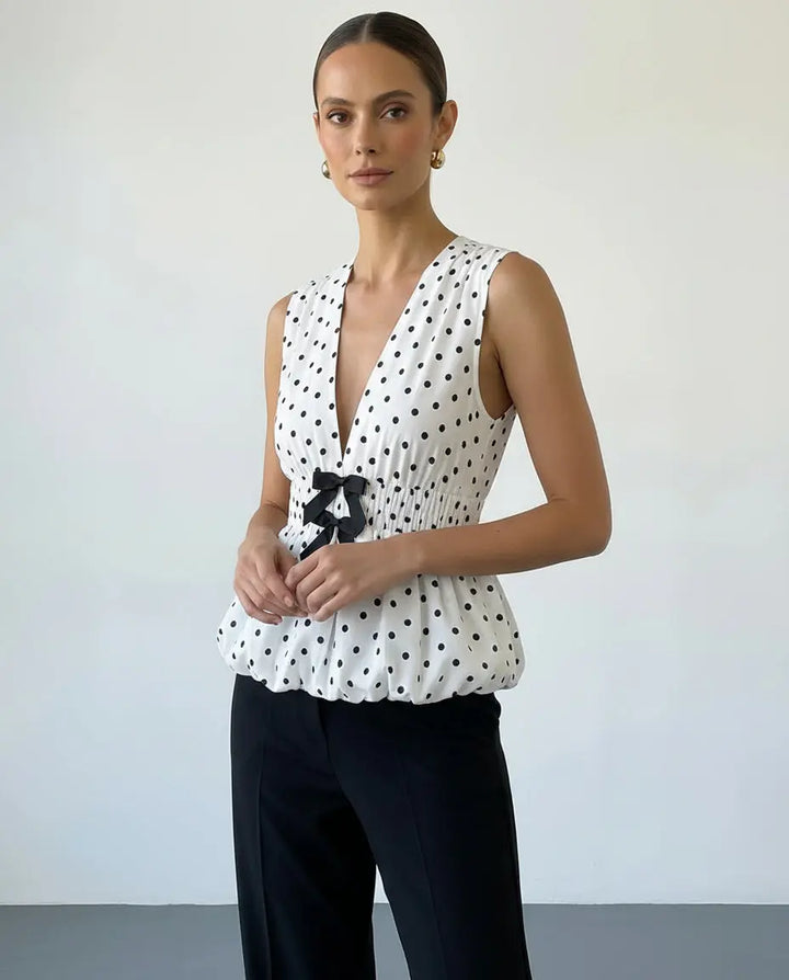 SOLACE  Polka Dot V-Neck Sleeveless Peplum Black Bow Top 