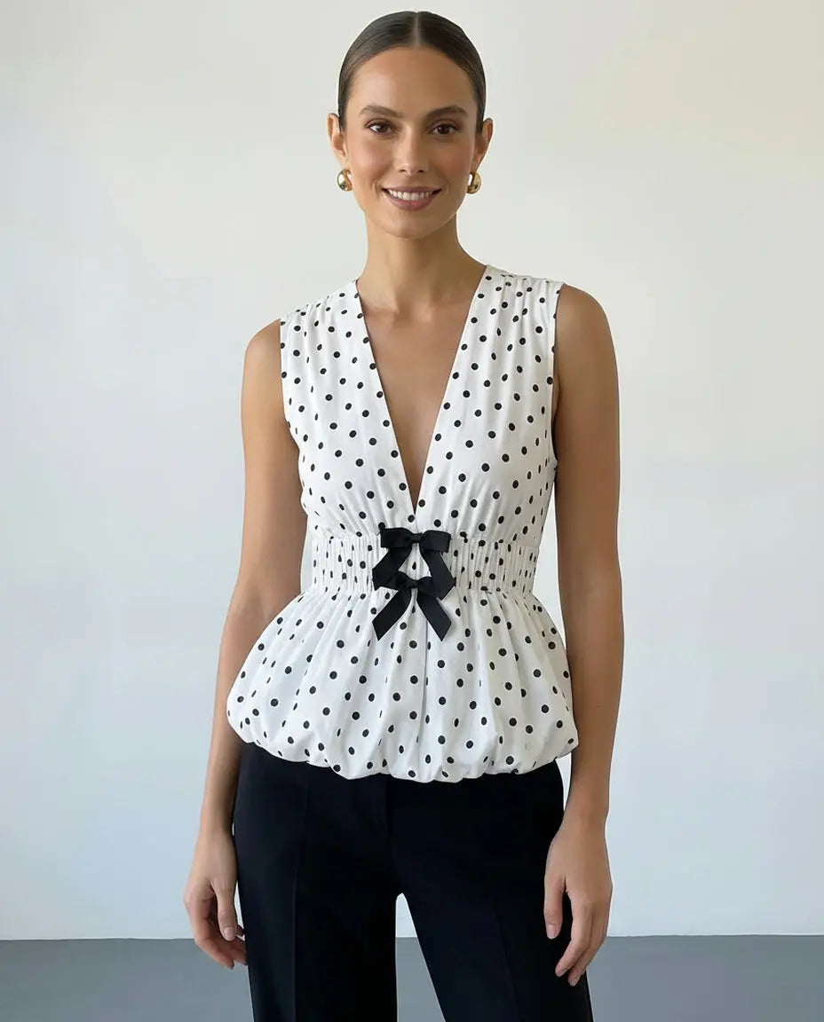 SOLACE  Polka Dot V-Neck Sleeveless Peplum Black Bow Top 
