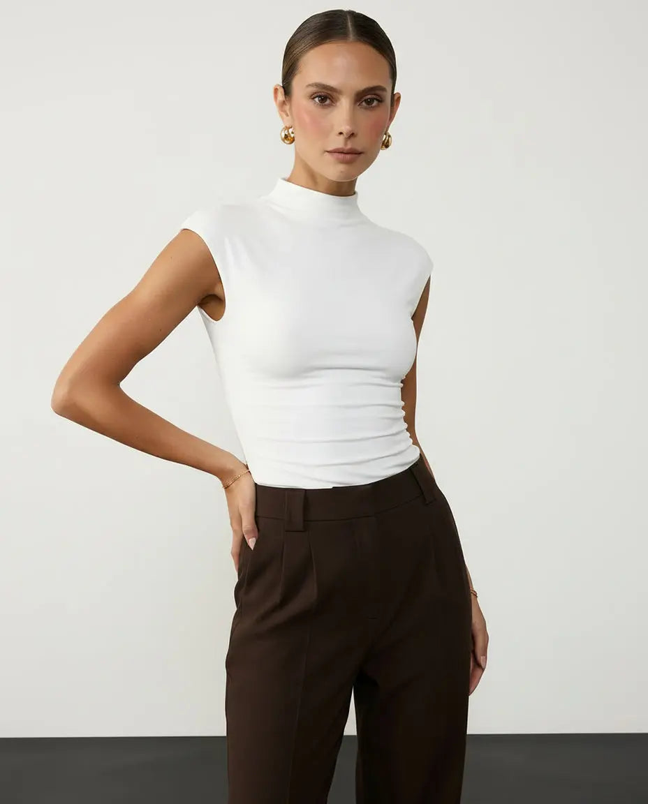 SOLACE  White Mock Neck Cap Sleeve Top 