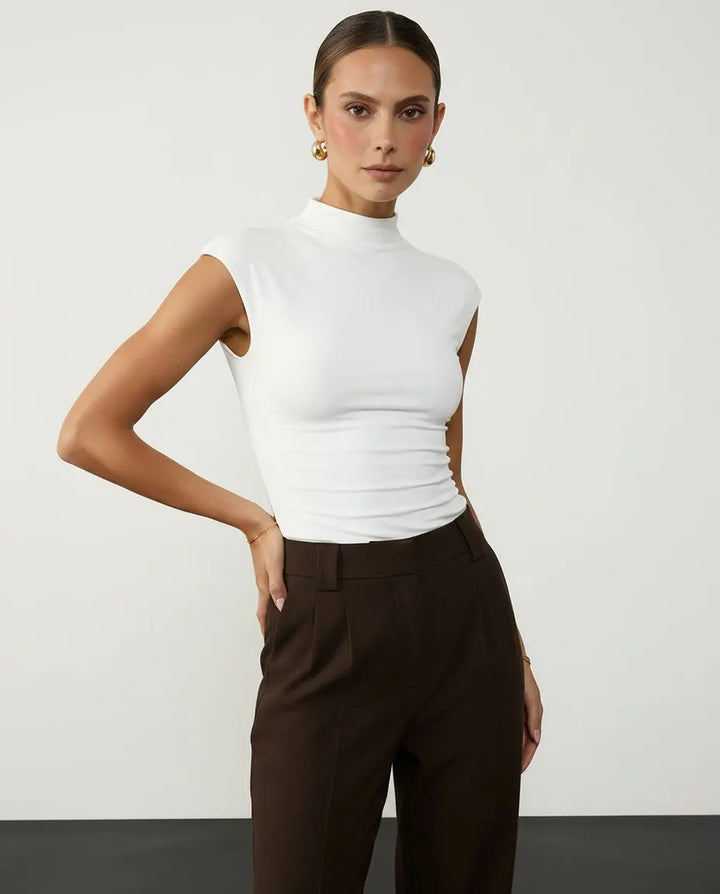SOLACE  White Mock Neck Cap Sleeve Top 