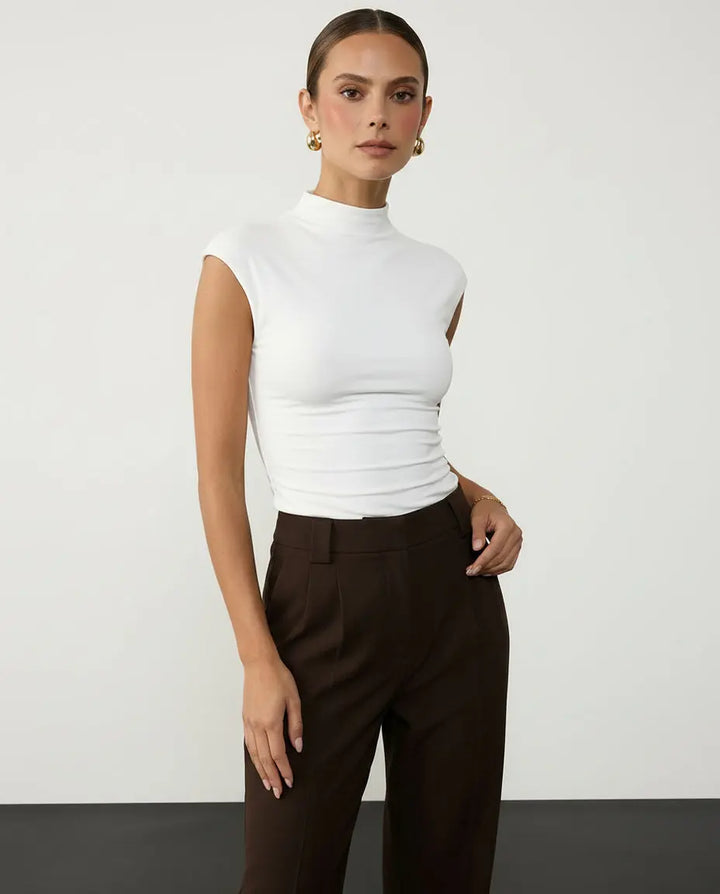 SOLACE  White Mock Neck Cap Sleeve Top 