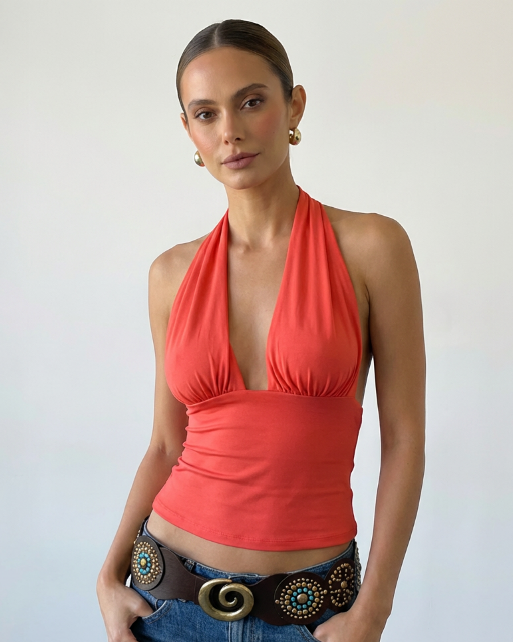 SOLACE  Red Plunging Halter Top Ribbed Knit Slim Fit Cropped Top 