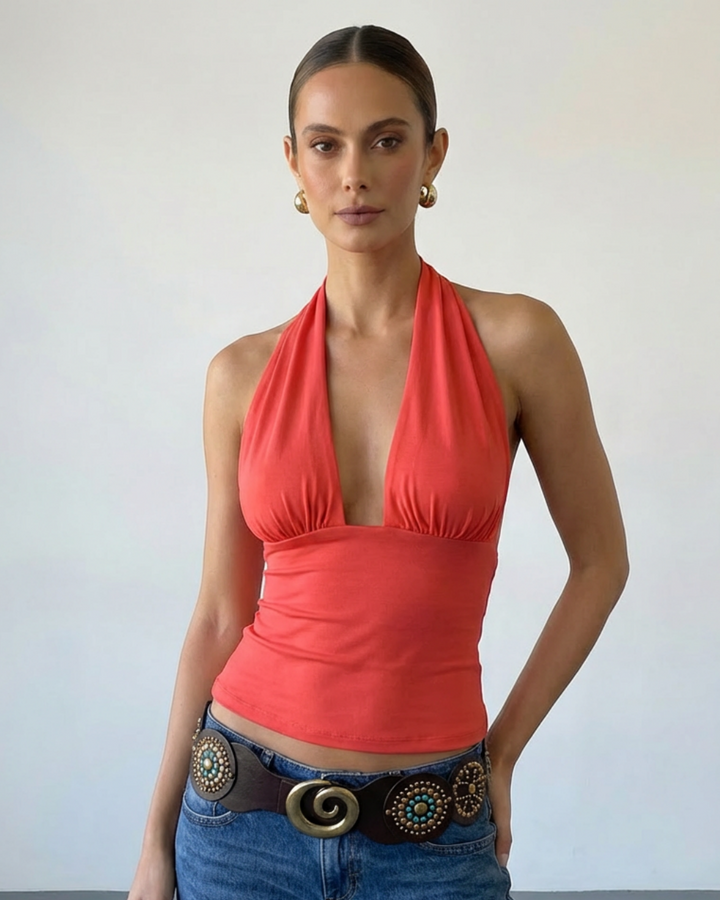 SOLACE  Red Plunging Halter Top Ribbed Knit Slim Fit Cropped Top 