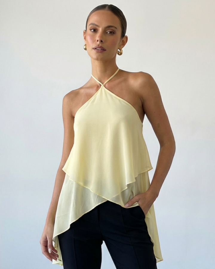 SOLACE  Pale Yellow Layered Chiffon Halter Loose Fit Asymmetric Top 