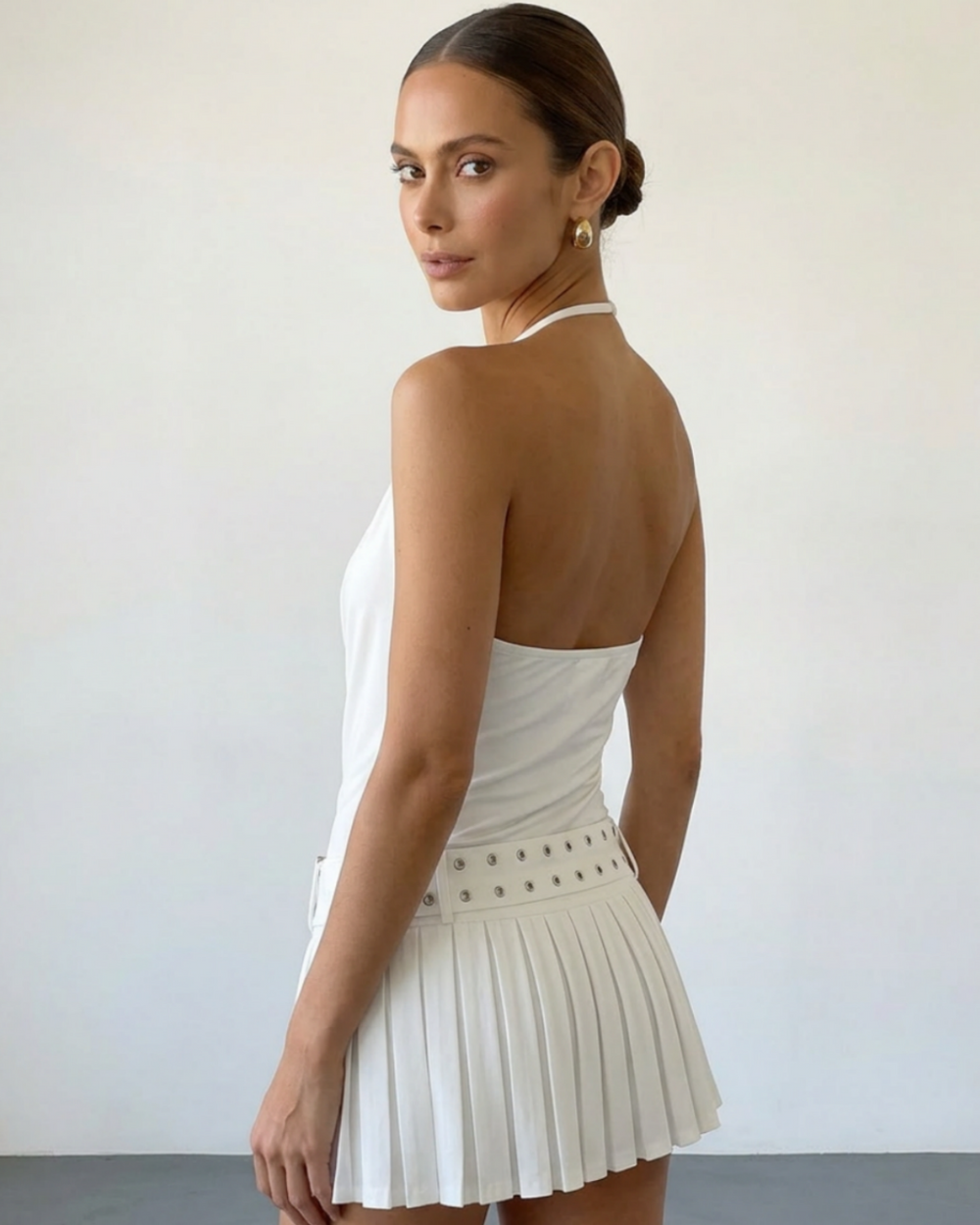 SOLACE  White Halter Draped Cowl Neck Studded Belt Pleated Mini Dress 