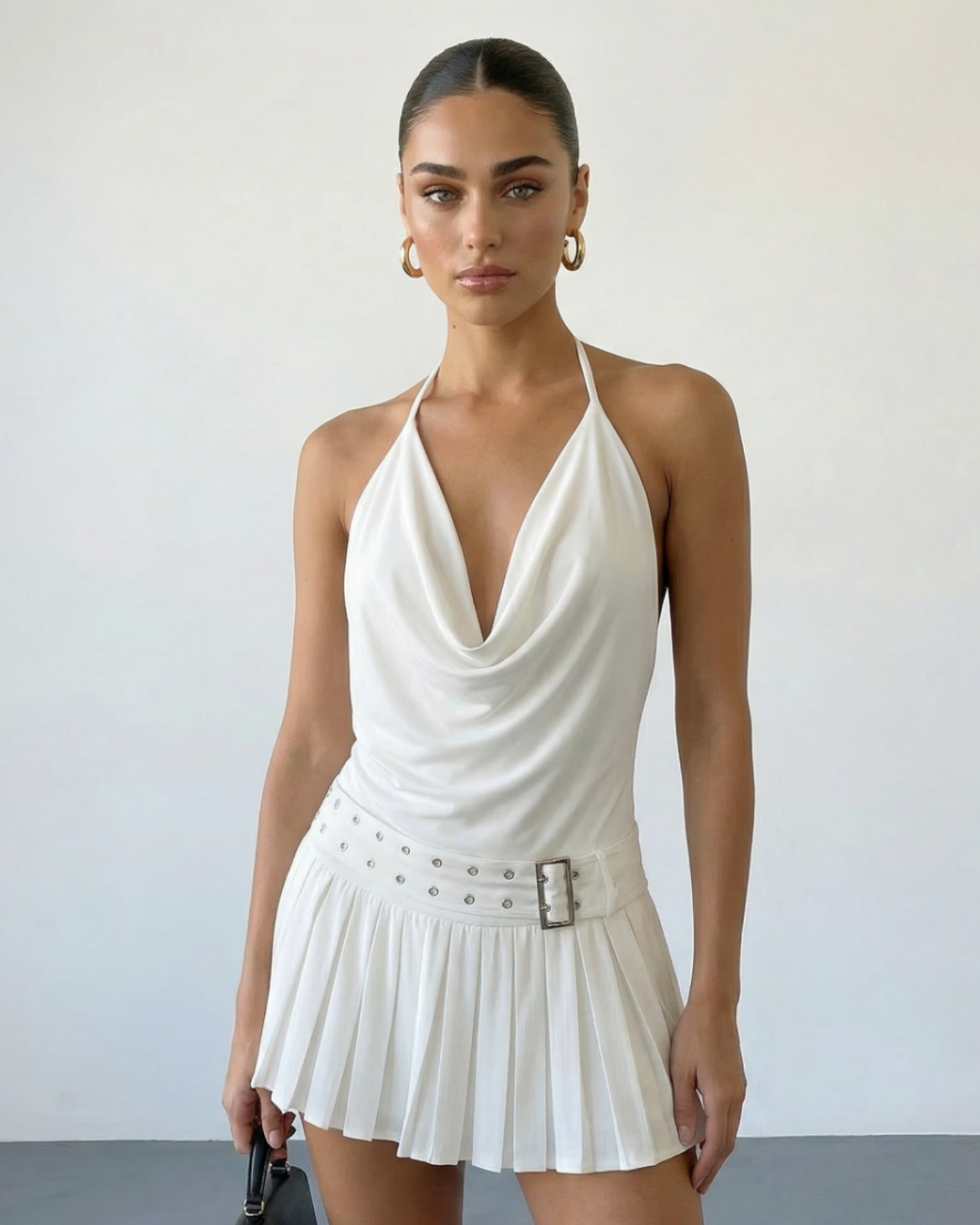 SOLACE  White Halter Draped Cowl Neck Studded Belt Pleated Mini Dress 
