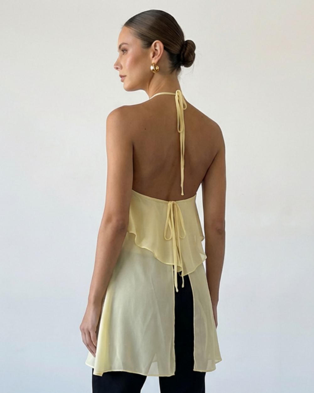 SOLACE  Pale Yellow Layered Chiffon Halter Loose Fit Asymmetric Top 