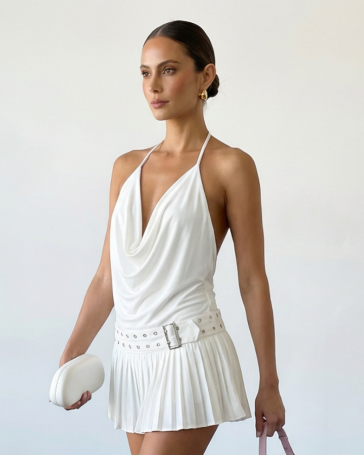 SOLACE  White Halter Draped Cowl Neck Studded Belt Pleated Mini Dress 