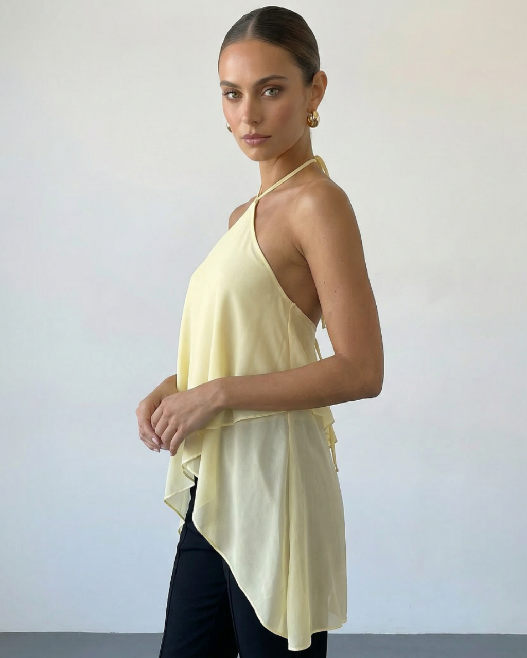 SOLACE  Pale Yellow Layered Chiffon Halter Loose Fit Asymmetric Top 