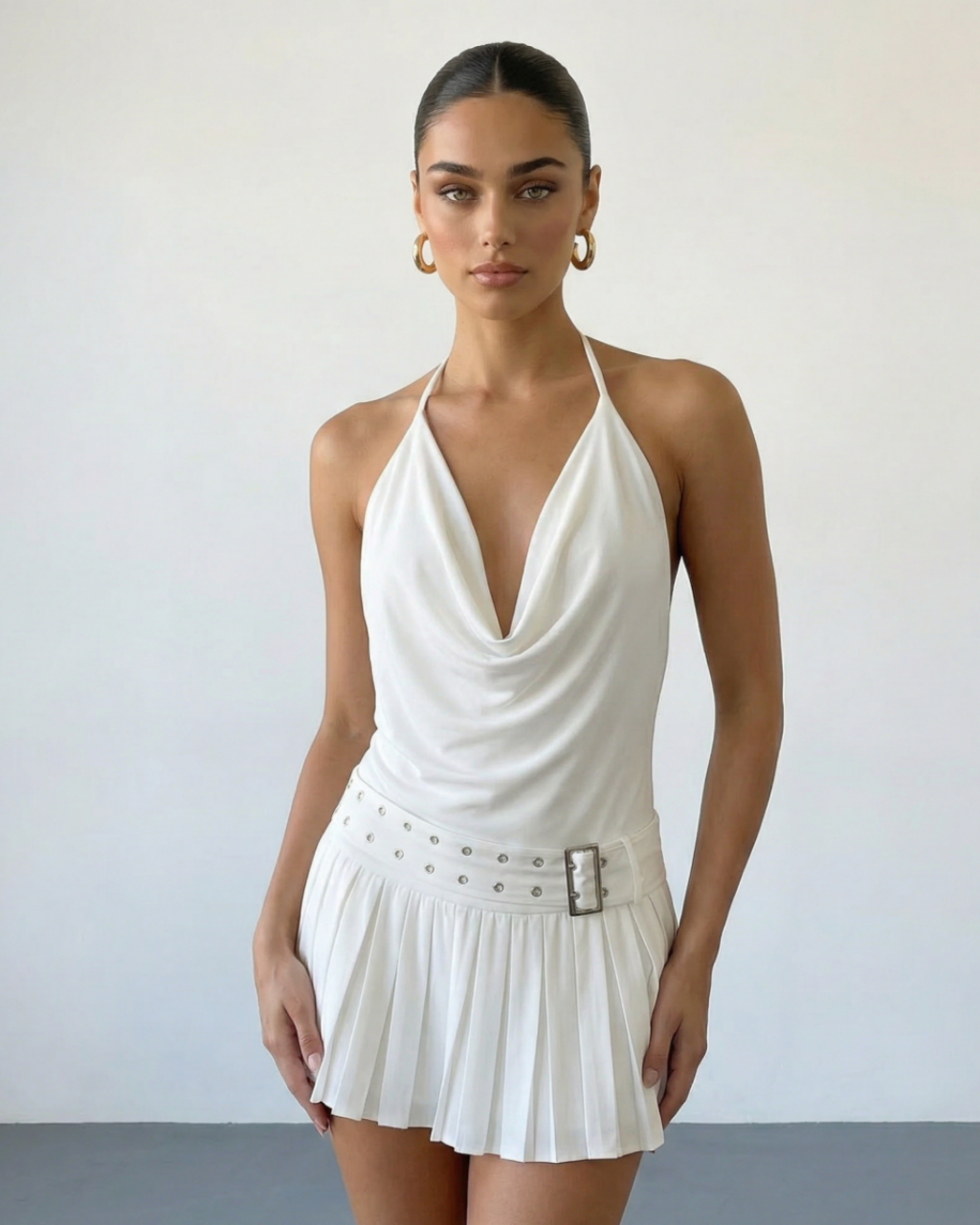 SOLACE  White Halter Draped Cowl Neck Studded Belt Pleated Mini Dress 