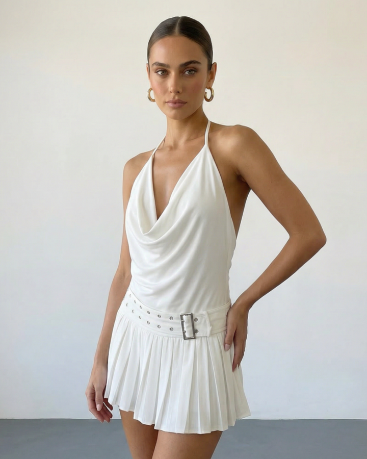 SOLACE  White Halter Draped Cowl Neck Studded Belt Pleated Mini Dress 