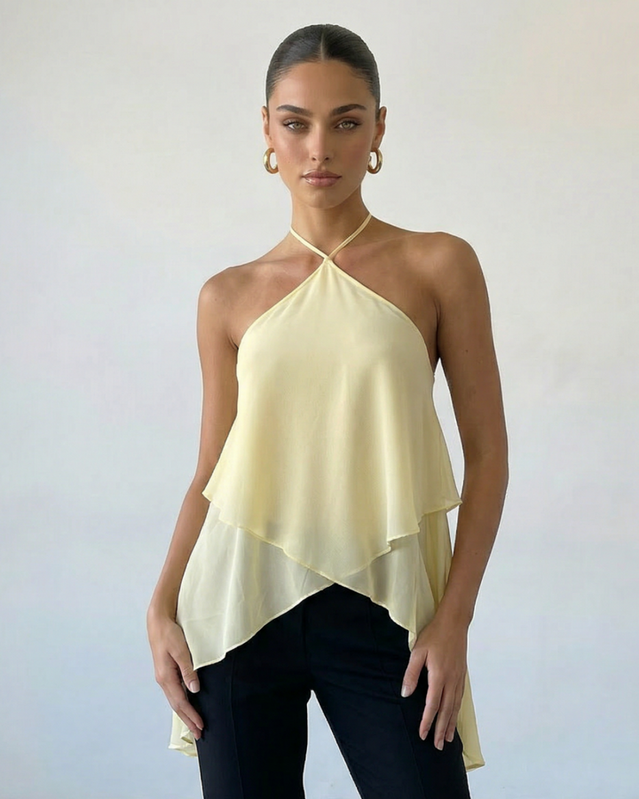 SOLACE  Pale Yellow Layered Chiffon Halter Loose Fit Asymmetric Top 