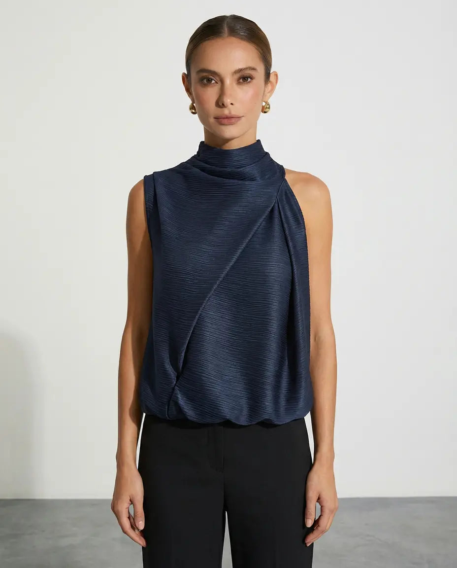 SOLACE  Navy Textured Sleeveless High Neck Blouse 