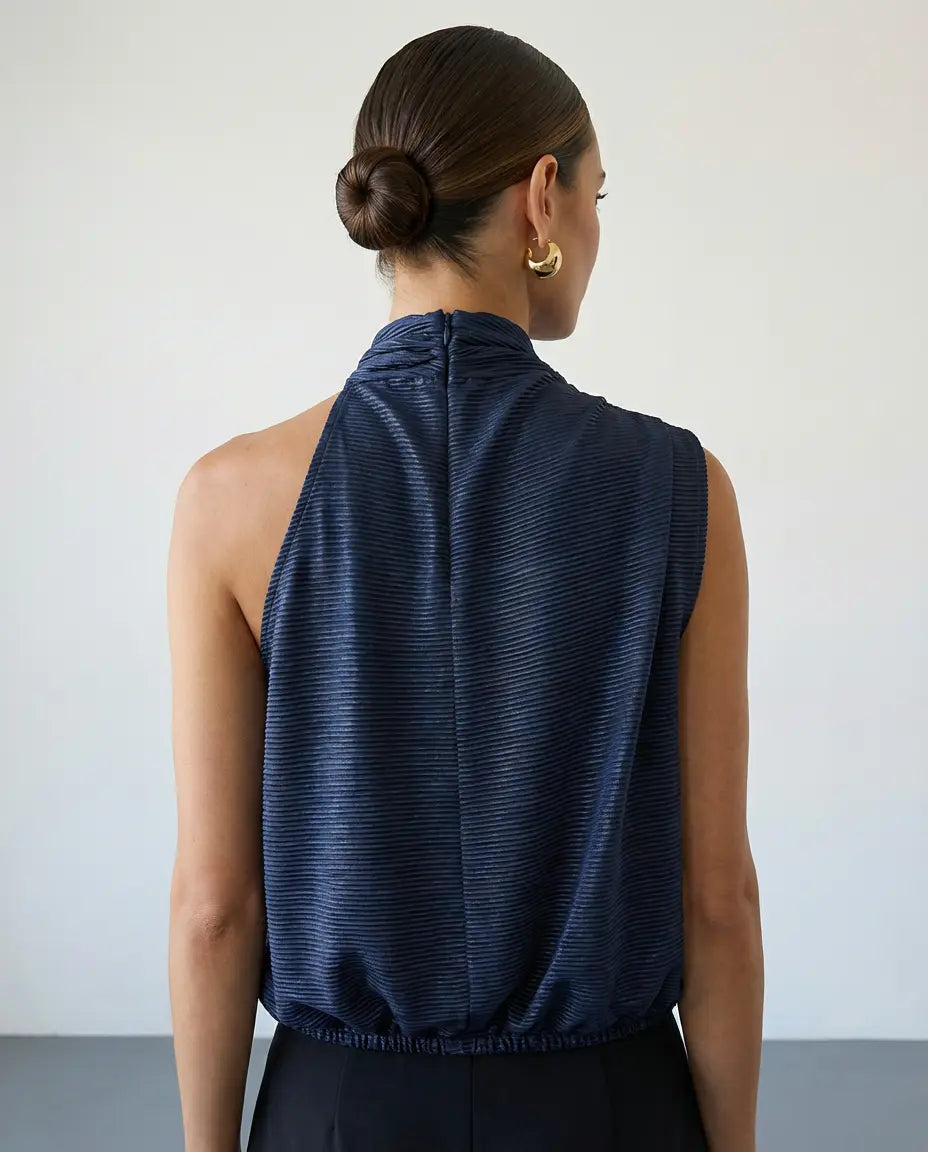 SOLACE  Navy Textured Sleeveless High Neck Blouse 