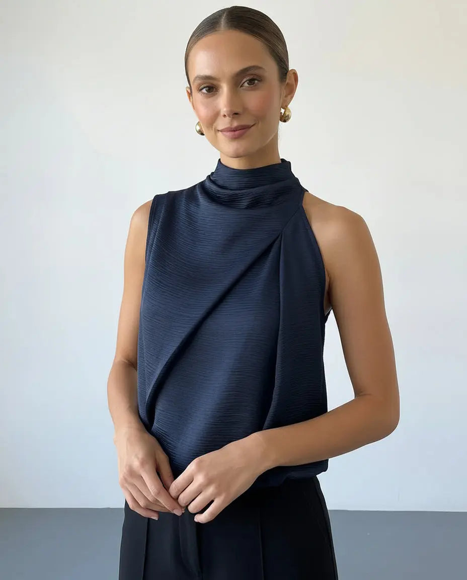 SOLACE  Navy Textured Sleeveless High Neck Blouse 