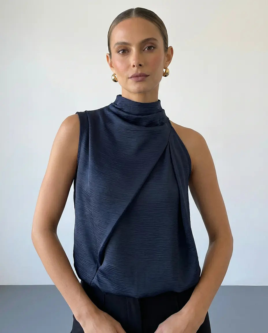 SOLACE  Navy Textured Sleeveless High Neck Blouse 