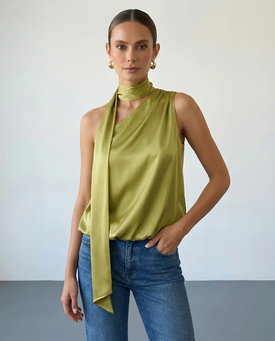 SOLACE  Olive Green Satin Asymmetric Halter Neck Tie Top 