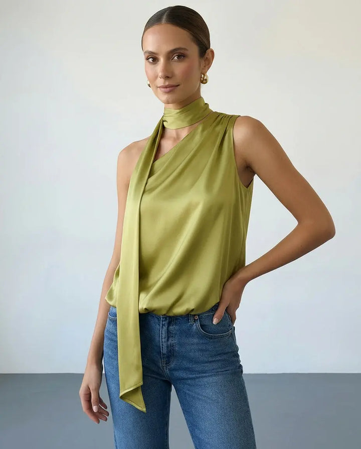 SOLACE  Olive Green Satin Asymmetric Halter Neck Tie Top 