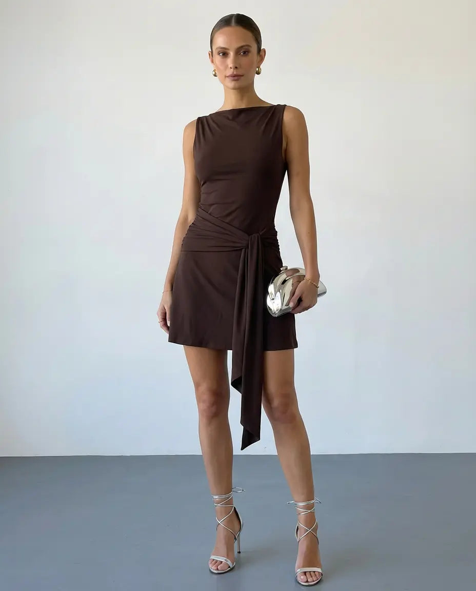SOLACE  Brown Boat Neck Sleeveless Side Tie Waist Mini Dress 