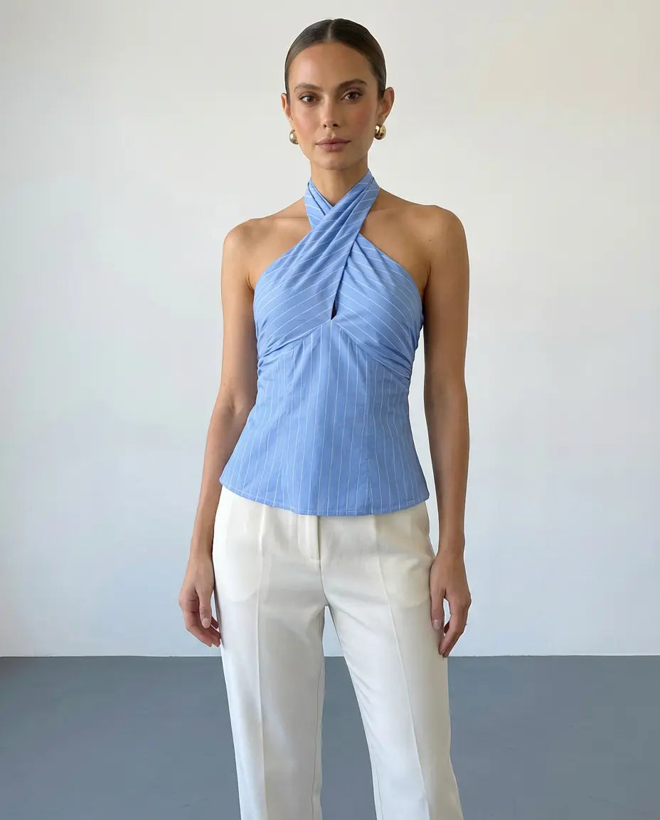 SOLACE  Blue Striped Halter Large Back Bow Tie Backless Top 
