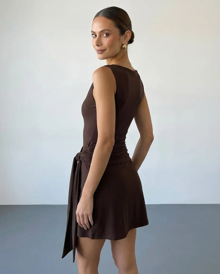 SOLACE  Brown Boat Neck Sleeveless Side Tie Waist Mini Dress 